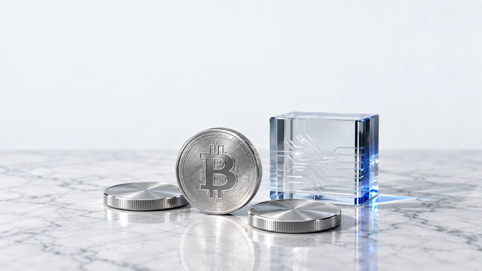 تصوير مفاهيمي للأصول الرقمية برموز فضية وزجاج منقوش، وليس أجهزة لحفظ الأصول